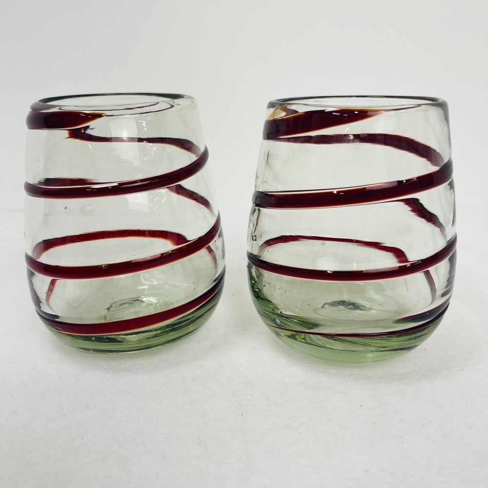 Hand Blown Stemless Wine Glasses Red Swirl Artisan Tumblers Set of 2